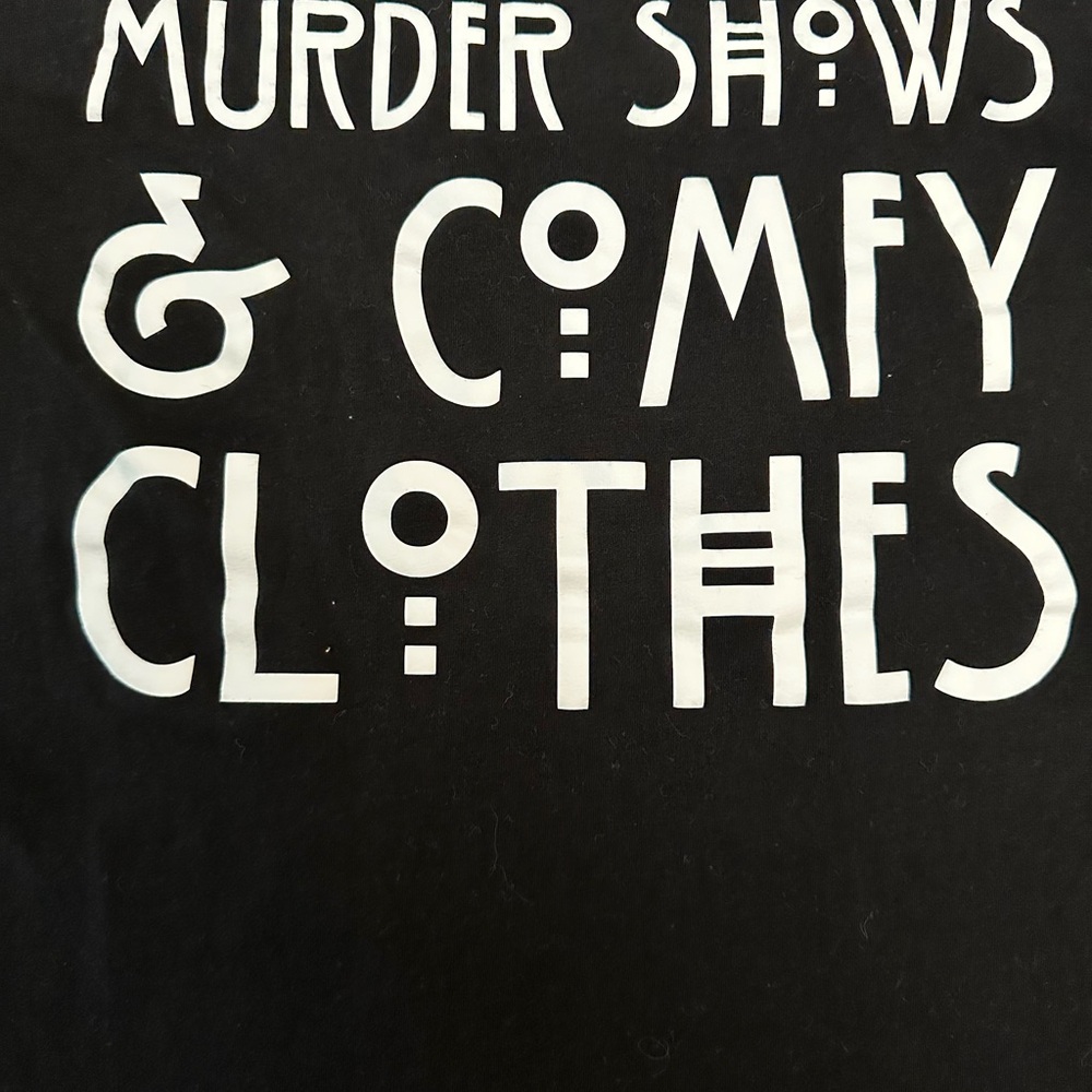 100% black cotton tshirt sz small. “Murder shows & comfy clothes” decal on front - Picture 2 of 5